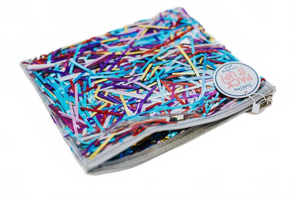 NEW PACKED PARTY women's zipper decorated pouch in multi color streamers